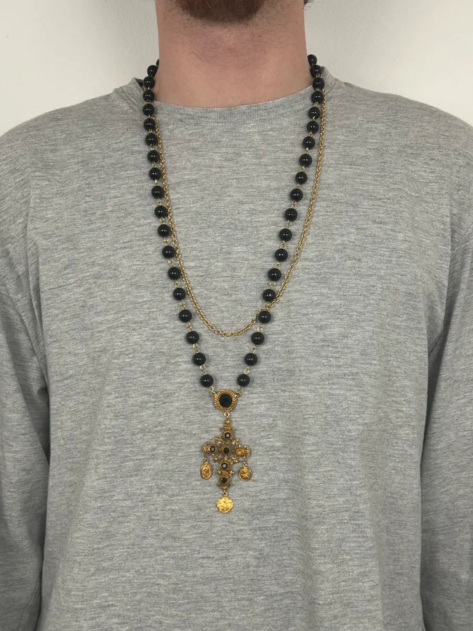 2000s Dolce & Gabbana Golden Baroque Sacred Cross Black Pearl Necklace iSTNEwF 1