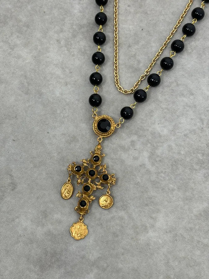 2000s Dolce & Gabbana Golden Baroque Sacred Cross Black Pearl Necklace iSTNEwF 2