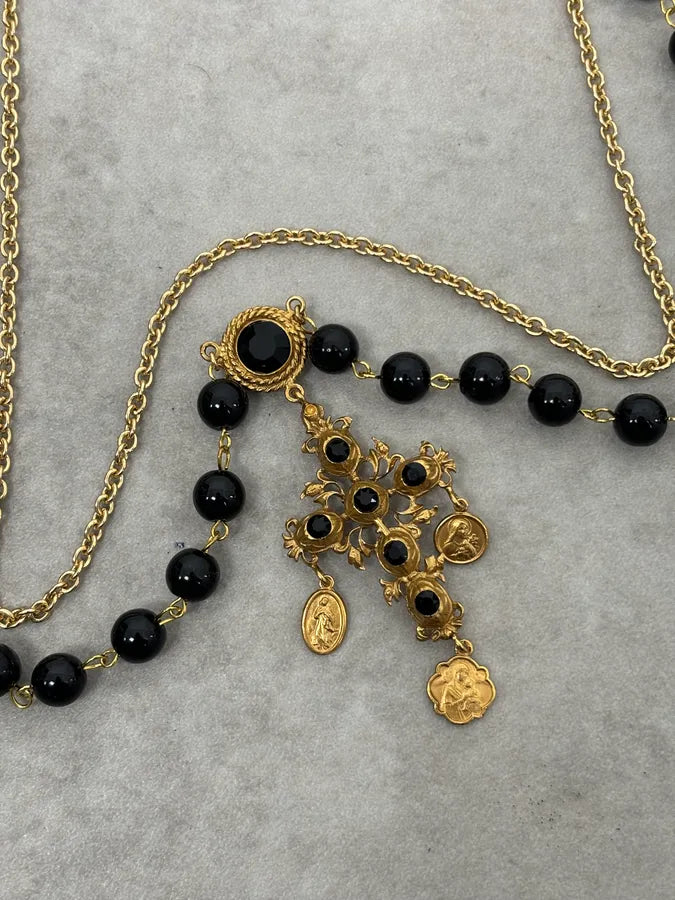 2000s Dolce & Gabbana Golden Baroque Sacred Cross Black Pearl Necklace iSTNEwF 3