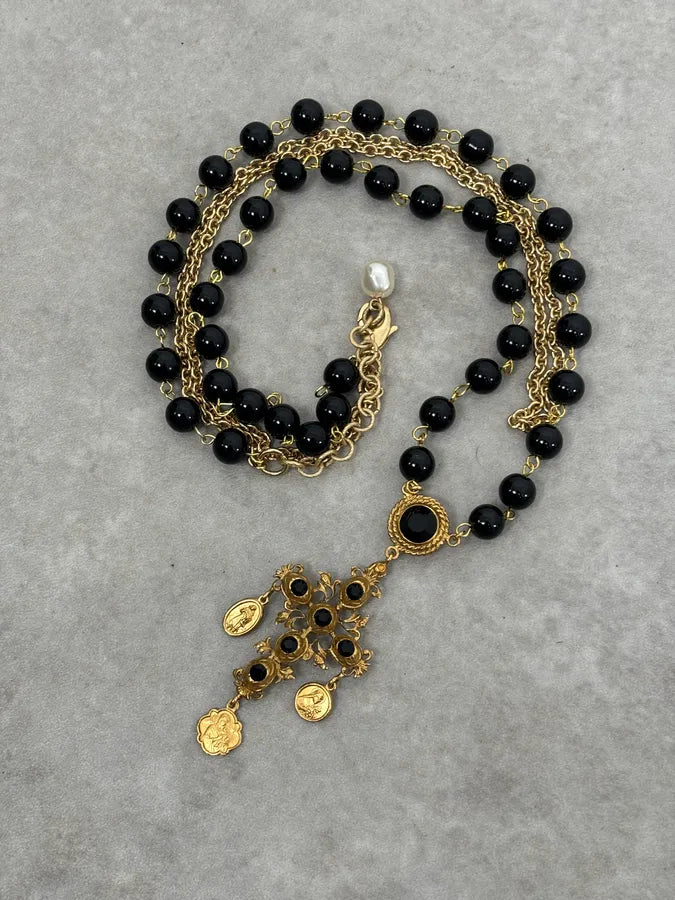 2000s Dolce & Gabbana Golden Baroque Sacred Cross Black Pearl Necklace iSTNEwF 4