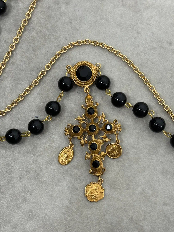 2000s Dolce & Gabbana Golden Baroque Sacred Cross Black Pearl Necklace iSTNEwF 8