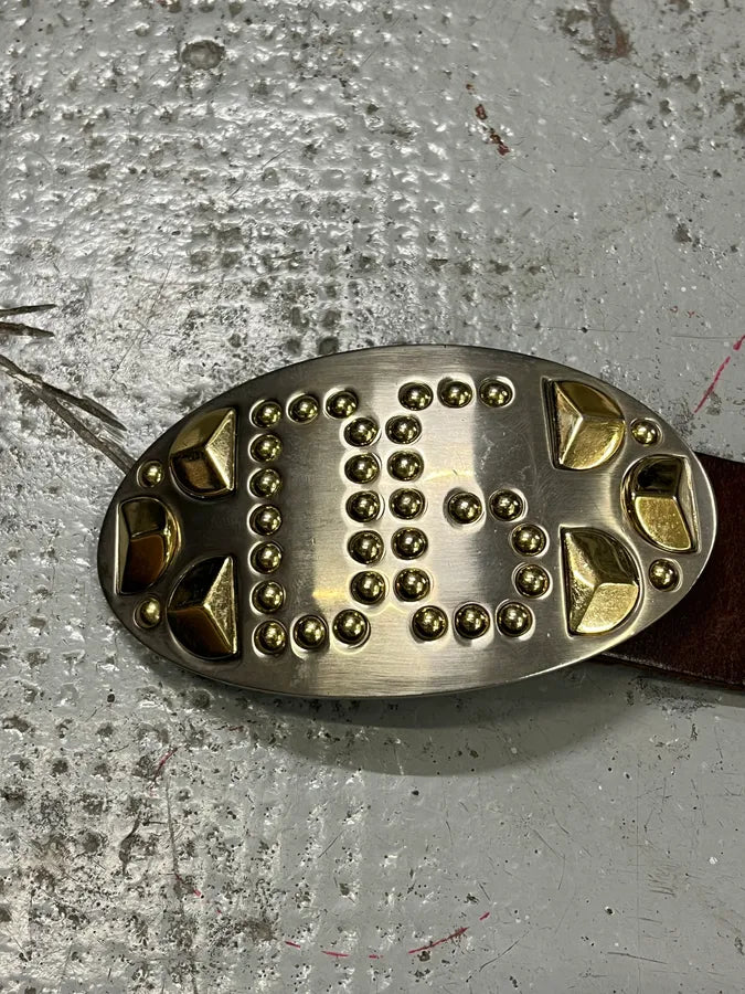 2000s Dolce & Gabbana Golden Futuristic DG Buckle Brown Leather Belt pHOUgWe 5