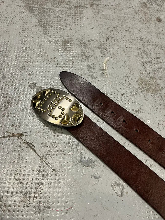 2000s Dolce & Gabbana Golden Futuristic DG Buckle Brown Leather Belt pHOUgWe 2