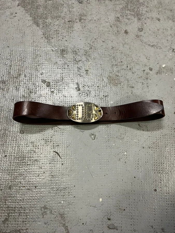 2000s Dolce & Gabbana Golden Futuristic DG Buckle Brown Leather Belt pHOUgWe 4