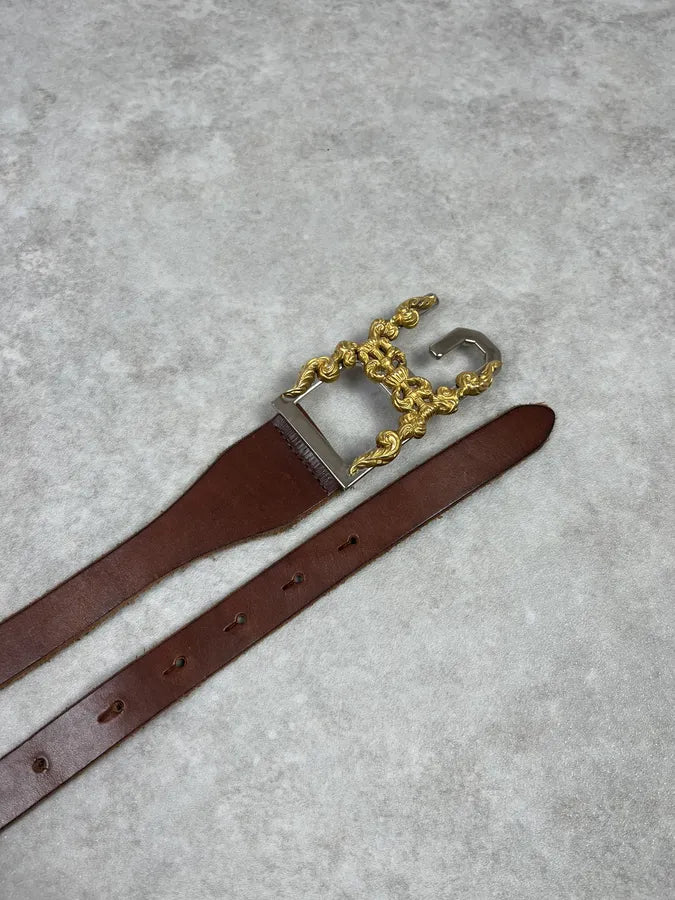 2000s Dolce & Gabbana Golden Ornament Buckle Brown Leather Belt BgNBcGx 2