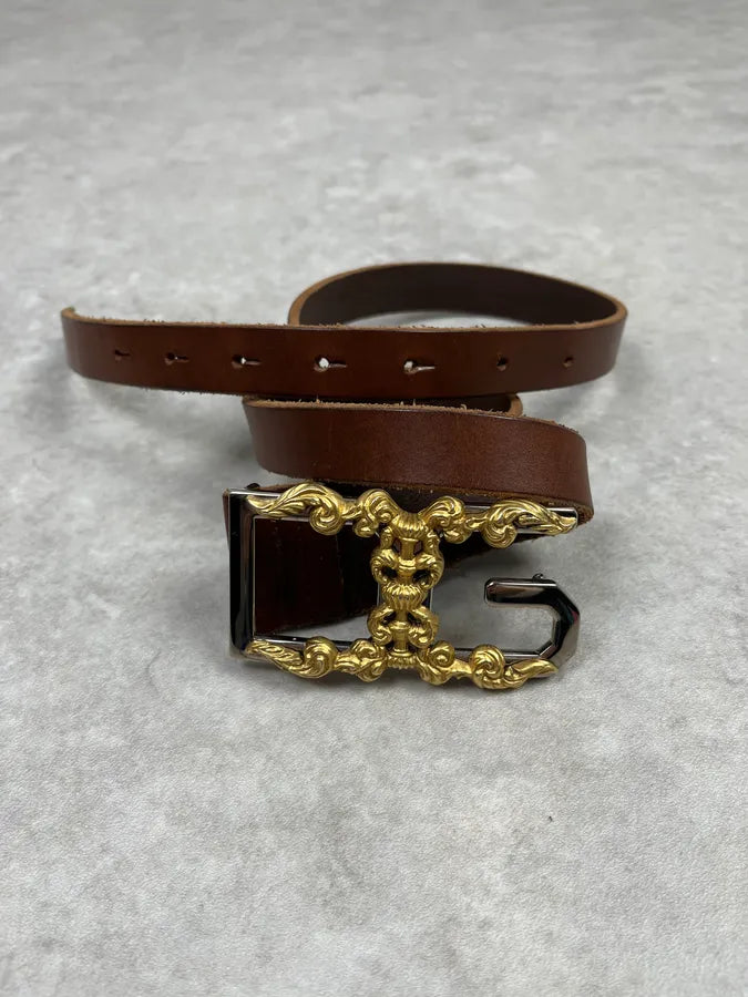 2000s Dolce & Gabbana Golden Ornament Buckle Brown Leather Belt BgNBcGx 4
