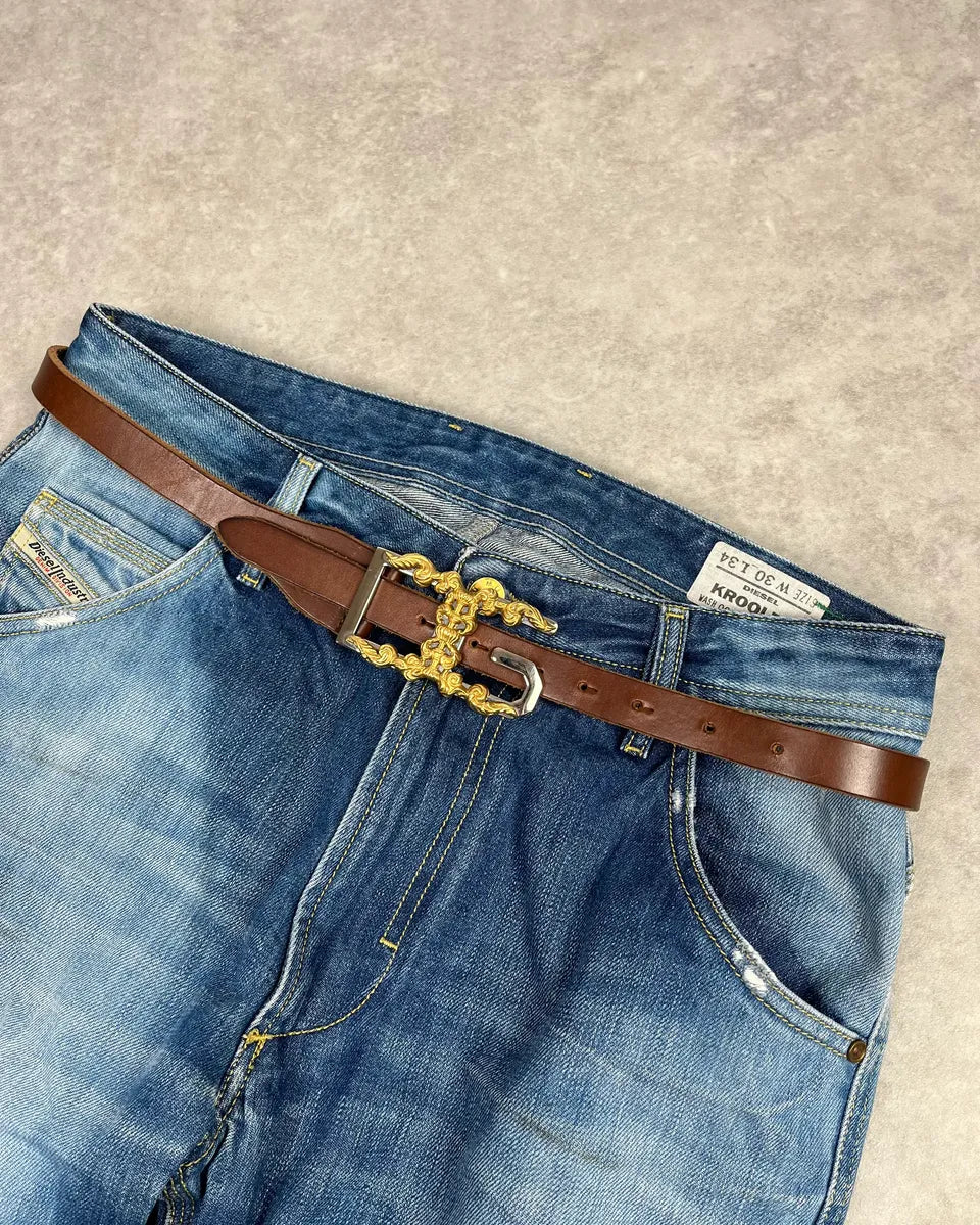 2000s Dolce & Gabbana Golden Ornament Buckle Brown Leather Belt BgNBcGx 0