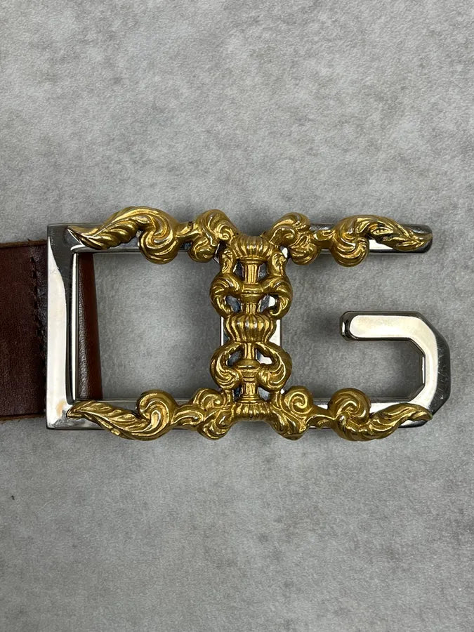 2000s Dolce & Gabbana Golden Ornament Buckle Brown Leather Belt BgNBcGx 6