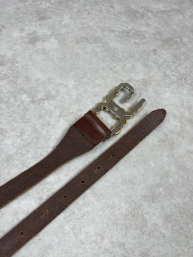 2000s Dolce & Gabbana Golden Ornament Buckle Brown Leather Belt BgNBcGx 3