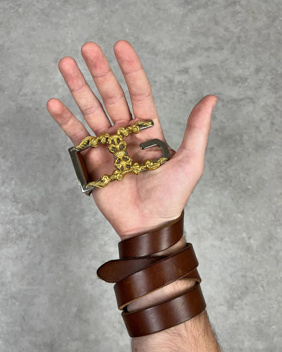 2000s Dolce & Gabbana Golden Ornament Buckle Brown Leather Belt BgNBcGx 1