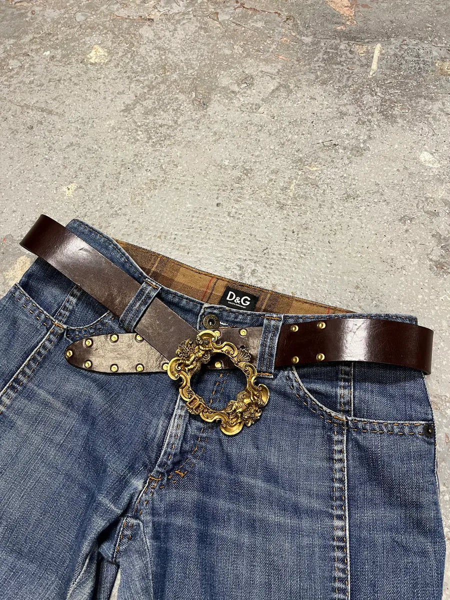 2000s Dolce & Gabbana Golden Ornement Buckle Brown Leather Belt (OS) hNzXXhJ 0