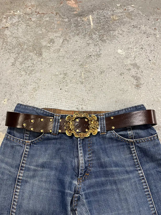 2000s Dolce & Gabbana Golden Ornement Buckle Brown Leather Belt (OS) hNzXXhJ 1