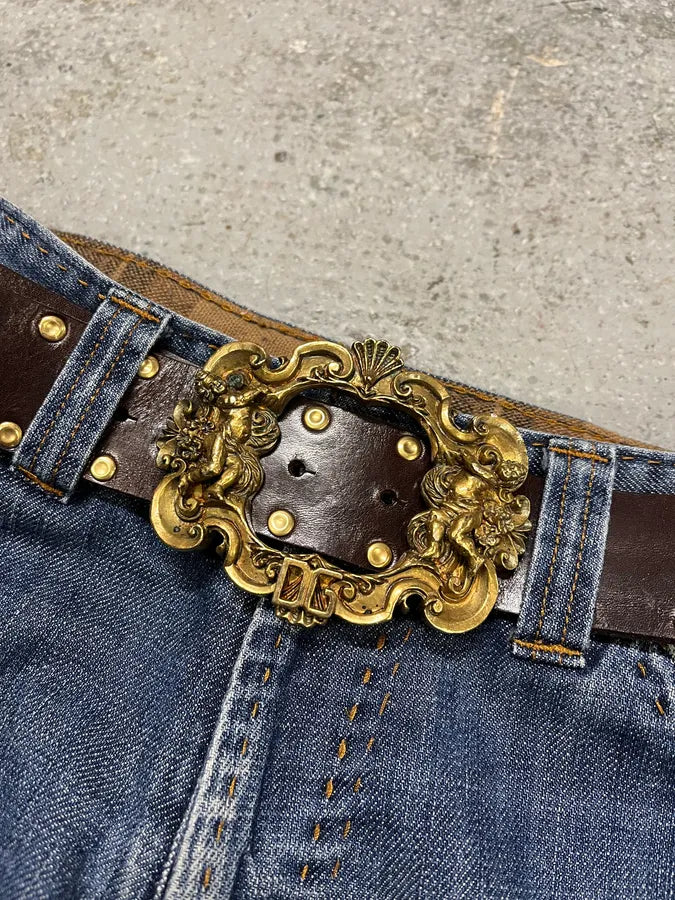 2000s Dolce & Gabbana Golden Ornement Buckle Brown Leather Belt (OS) hNzXXhJ 2