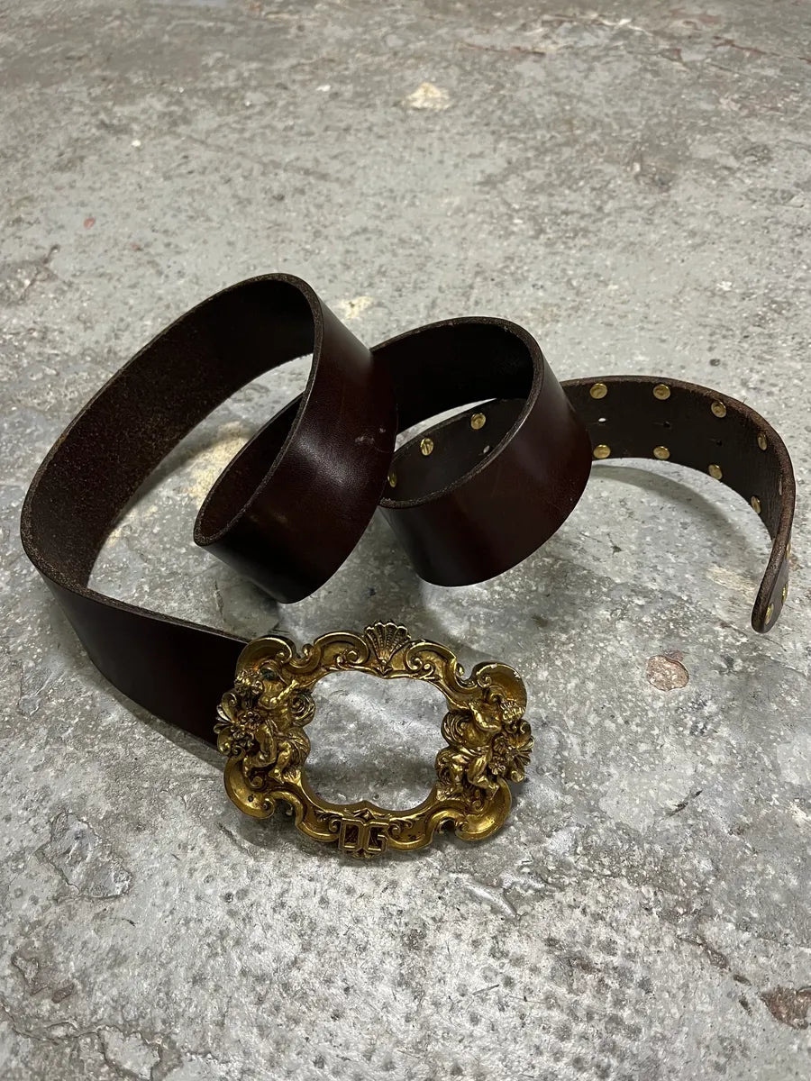 2000s Dolce & Gabbana Golden Ornement Buckle Brown Leather Belt (OS) hNzXXhJ 3