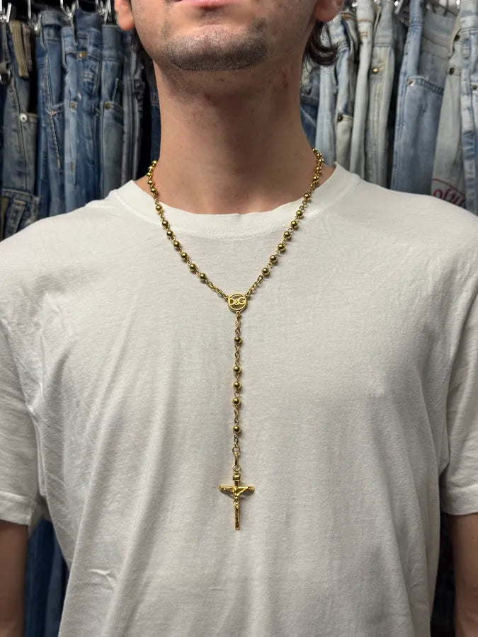2000s Dolce & Gabbana Golden Pearl Rosary Cross Necklace dPtWLYz 1