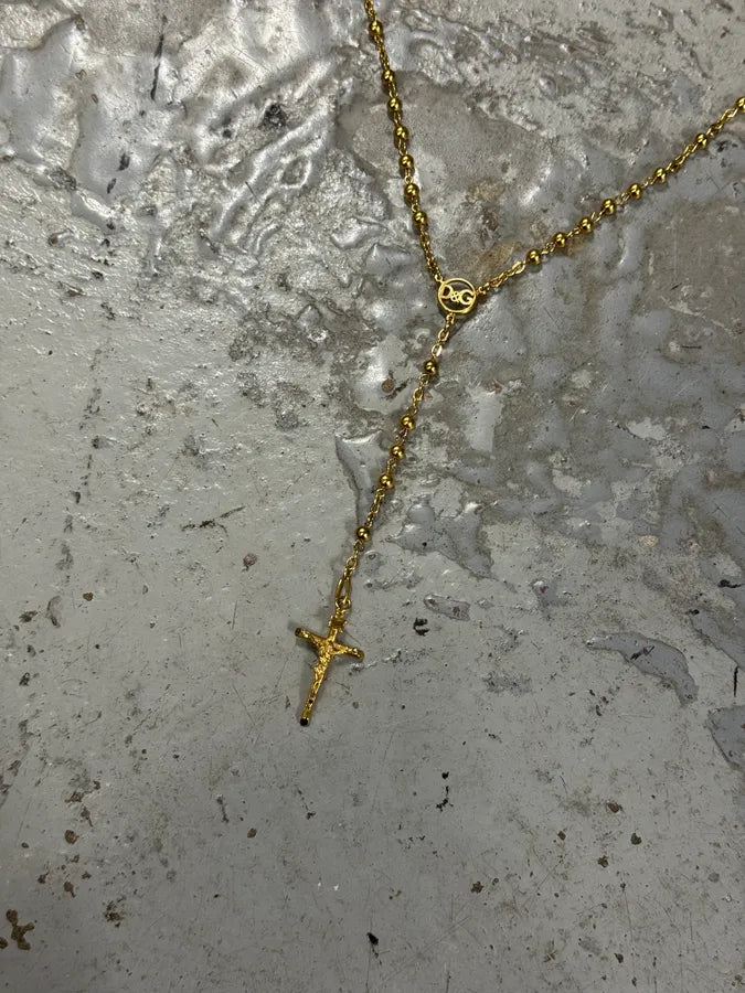 2000s Dolce & Gabbana Golden Pearl Rosary Cross Necklace dPtWLYz 3
