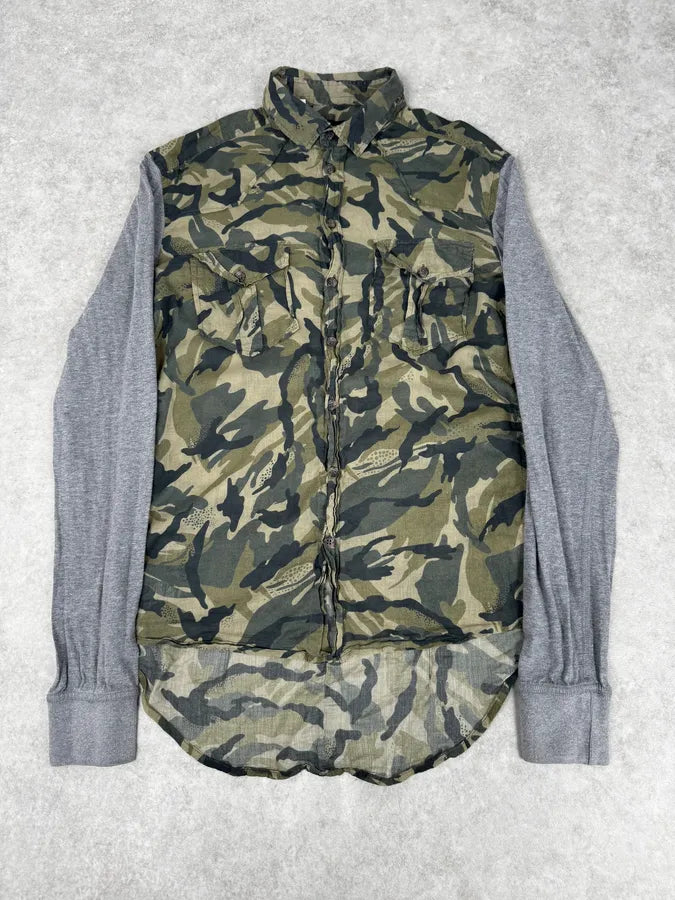 2000s Dolce & Gabbana Green & Grey Camo Hybrid Shirt zdyXQDY 0