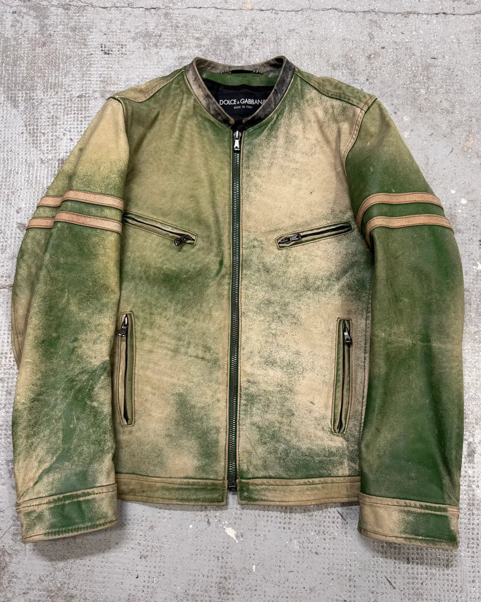 2000s Dolce & Gabbana Green Eroded Biker Leather Jacket (M) iOCpFty 0