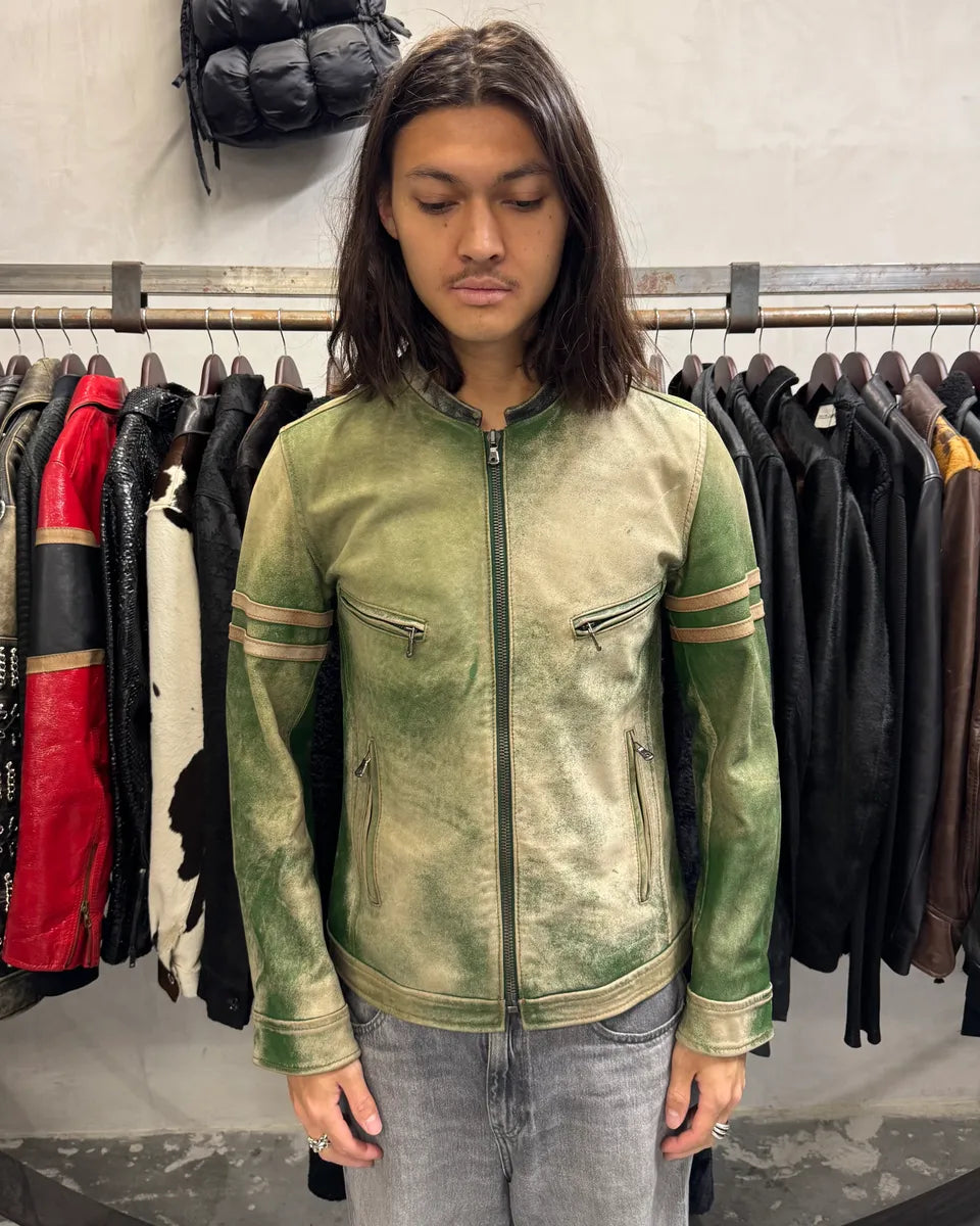 2000s Dolce & Gabbana Green Eroded Biker Leather Jacket (M) iOCpFty 1
