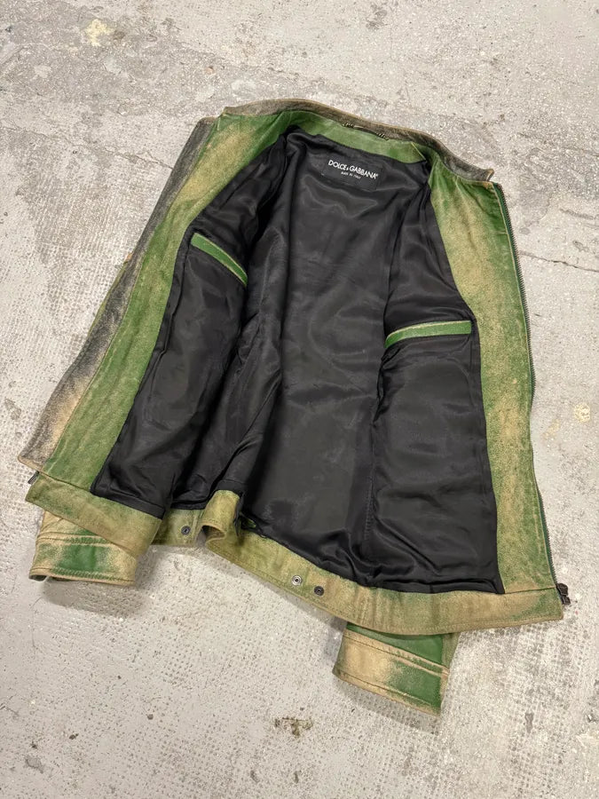 2000s Dolce & Gabbana Green Eroded Biker Leather Jacket (M) iOCpFty 11