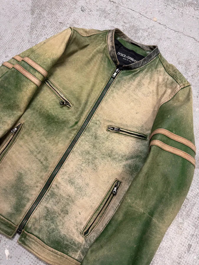 2000s Dolce & Gabbana Green Eroded Biker Leather Jacket (M) iOCpFty 3