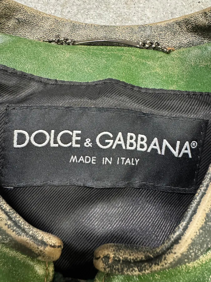 2000s Dolce & Gabbana Green Eroded Biker Leather Jacket (M) iOCpFty 9