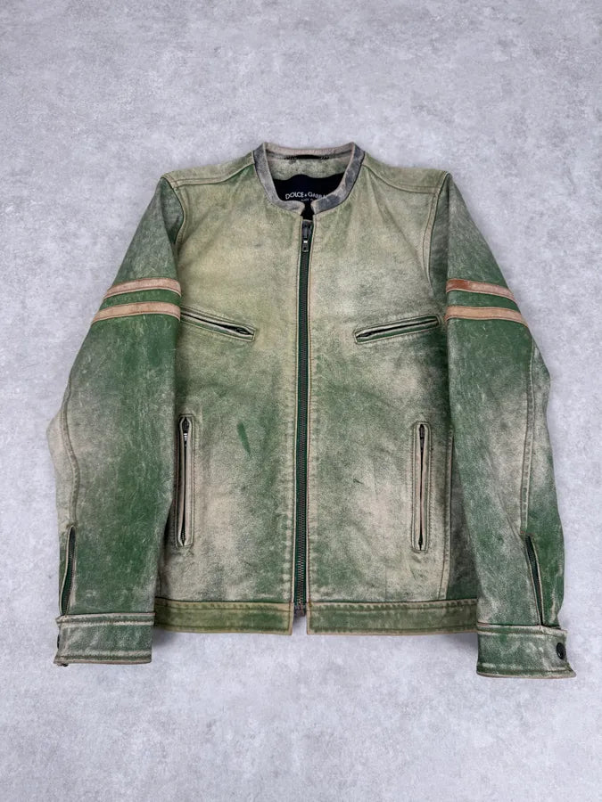 2000s Dolce & Gabbana Green Faded Biker Leather Jacket DonOUvZ 0