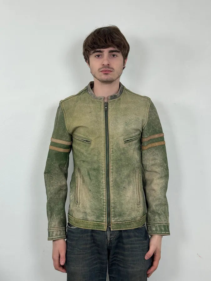 2000s Dolce & Gabbana Green Faded Biker Leather Jacket DonOUvZ 1