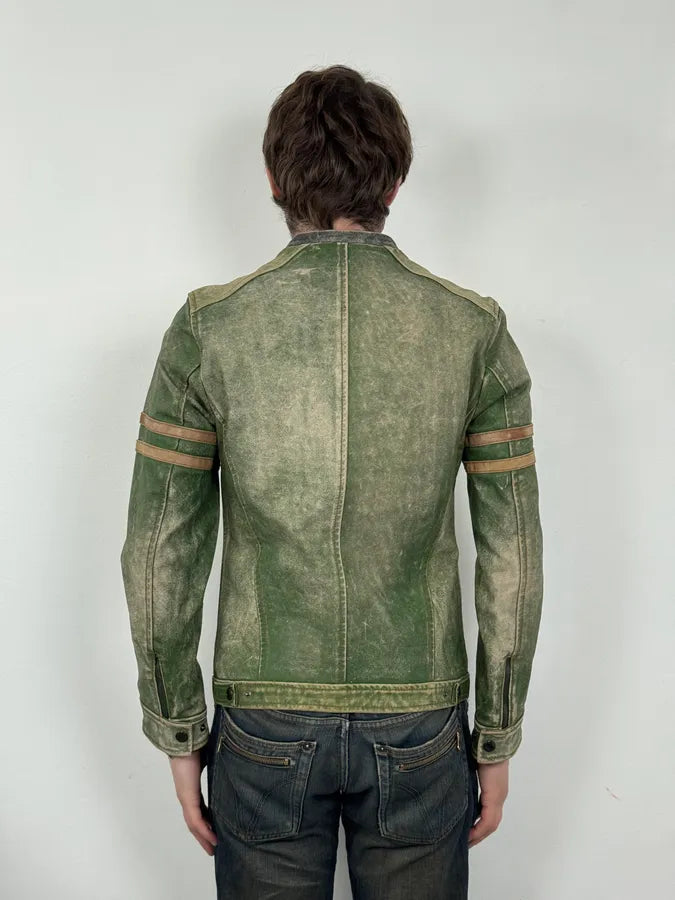 2000s Dolce & Gabbana Green Faded Biker Leather Jacket DonOUvZ 2
