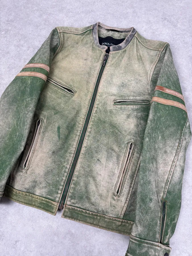 2000s Dolce & Gabbana Green Faded Biker Leather Jacket DonOUvZ 3