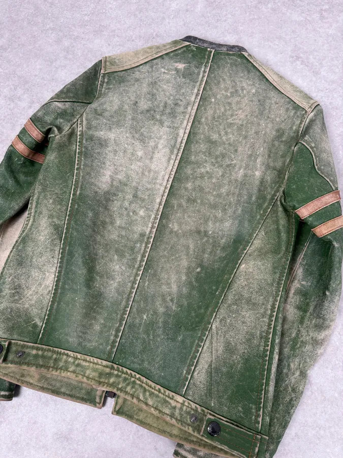 2000s Dolce & Gabbana Green Faded Biker Leather Jacket DonOUvZ 4