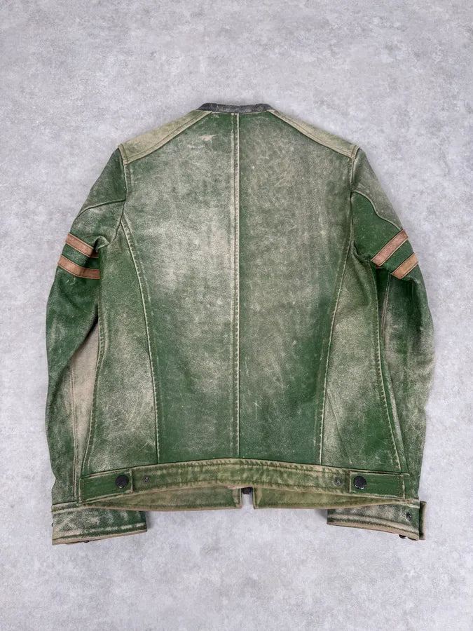 2000s Dolce & Gabbana Green Faded Biker Leather Jacket DonOUvZ 5