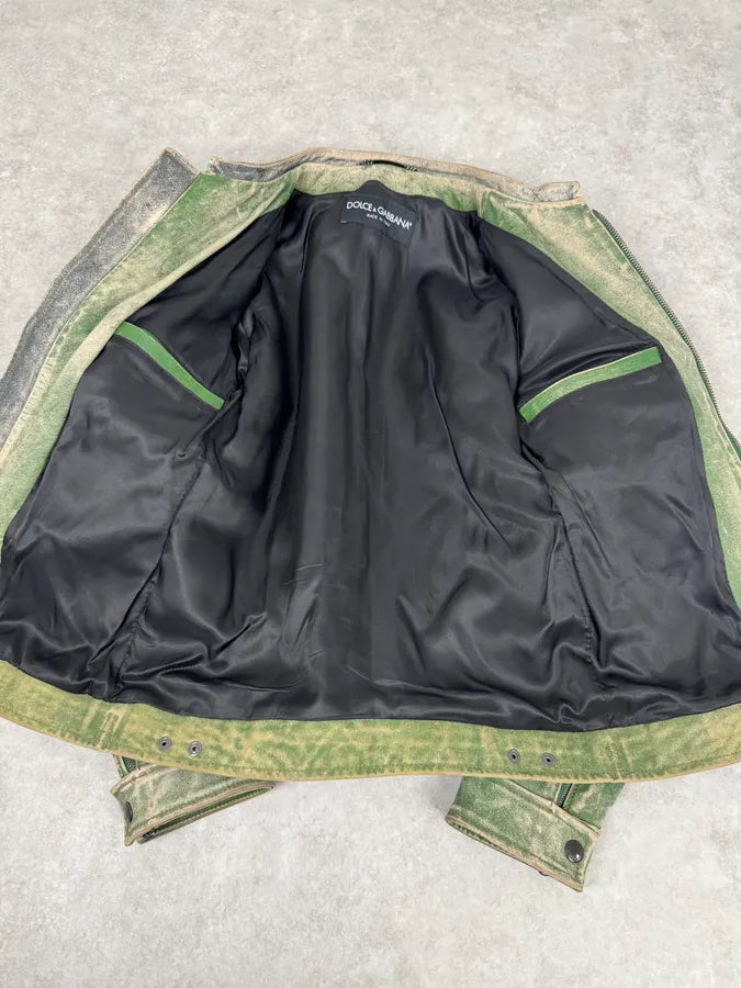 2000s Dolce & Gabbana Green Faded Biker Leather Jacket DonOUvZ 7
