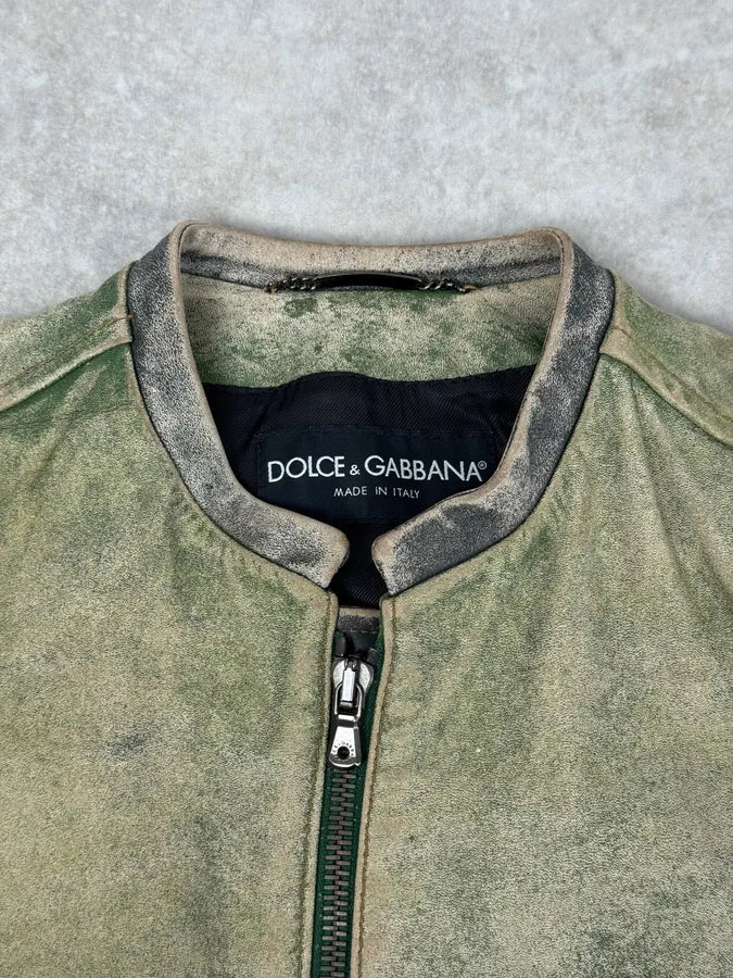 2000s Dolce & Gabbana Green Faded Biker Leather Jacket DonOUvZ 9