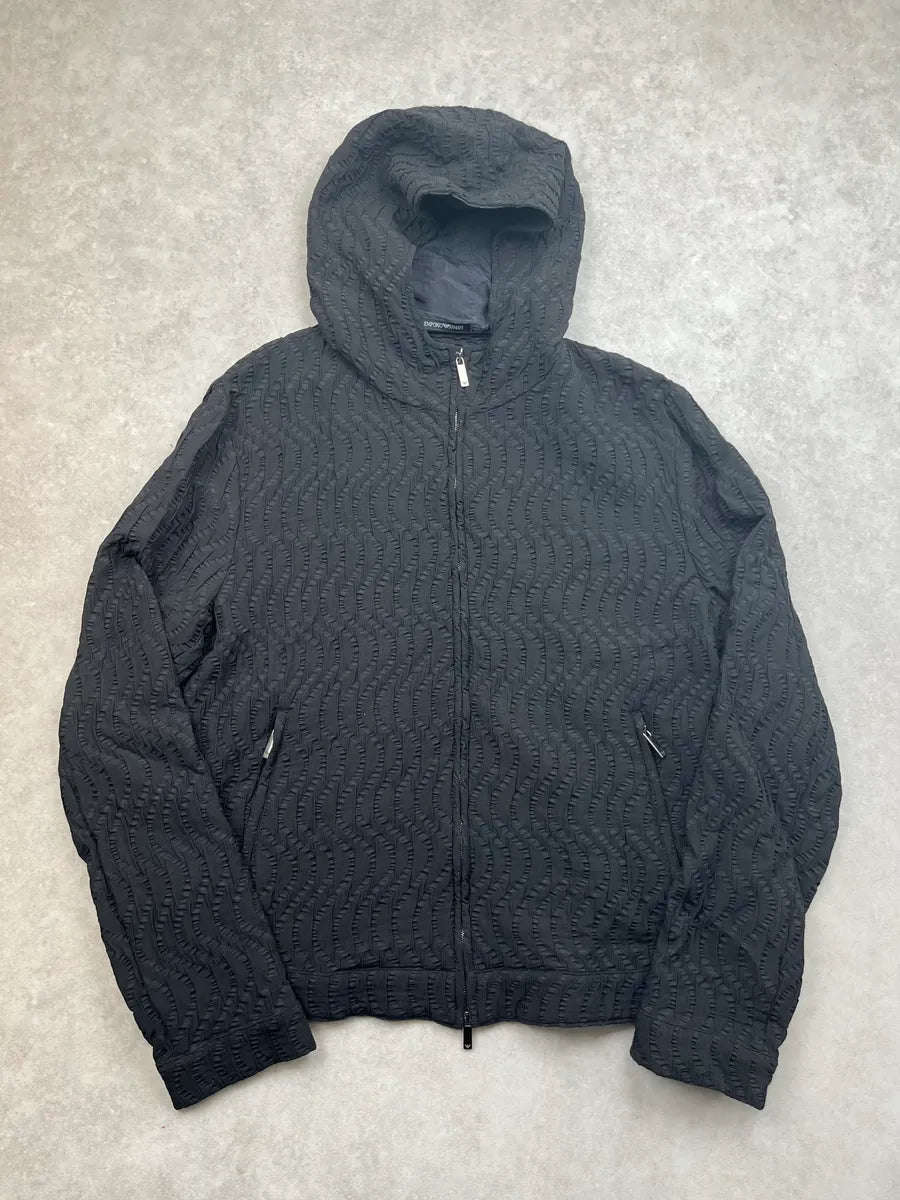 SS2020 Emporio Armani Black Textured Hooded Jacket KqTUwHl 2