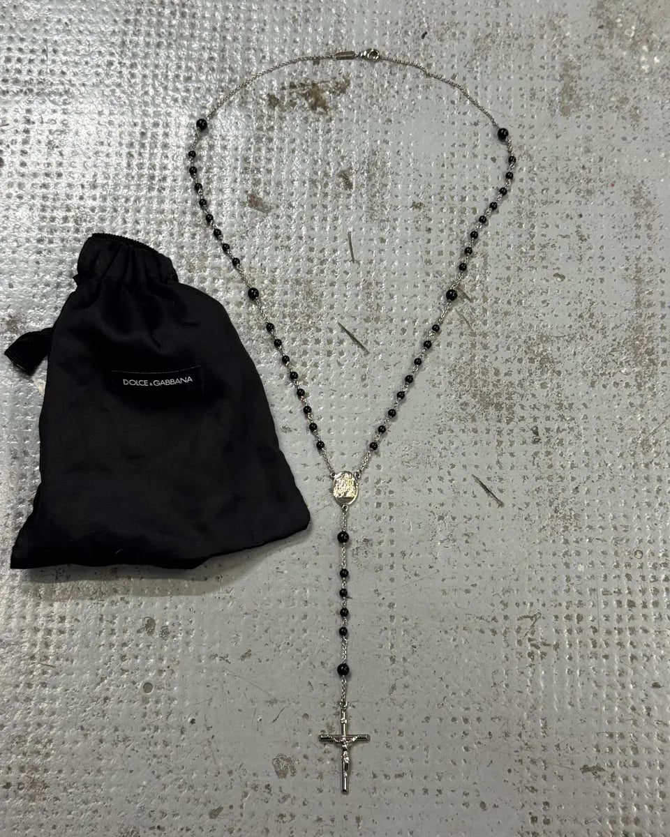 2000s Dolce & Gabbana Grey Black Pearl Rosary Cross Necklace elqRhaW 0