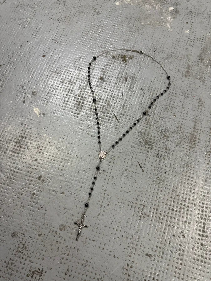 2000s Dolce & Gabbana Grey Black Pearl Rosary Cross Necklace elqRhaW 1