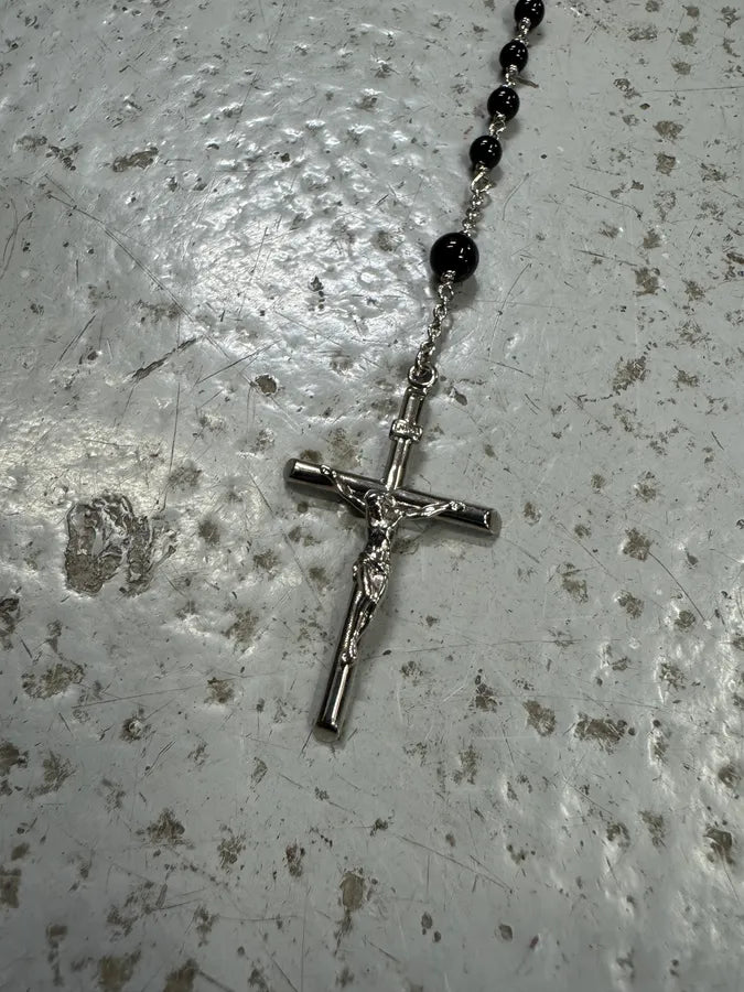 2000s Dolce & Gabbana Grey Black Pearl Rosary Cross Necklace elqRhaW 2