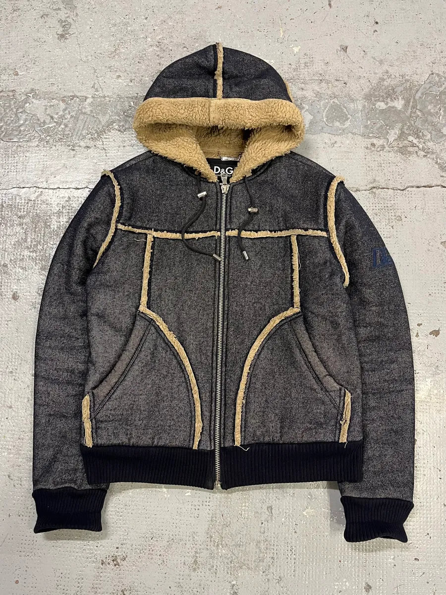 2000s Dolce & Gabbana Grey Charcoal Denim & Sherman Hooded Jacket kGahyvS 0