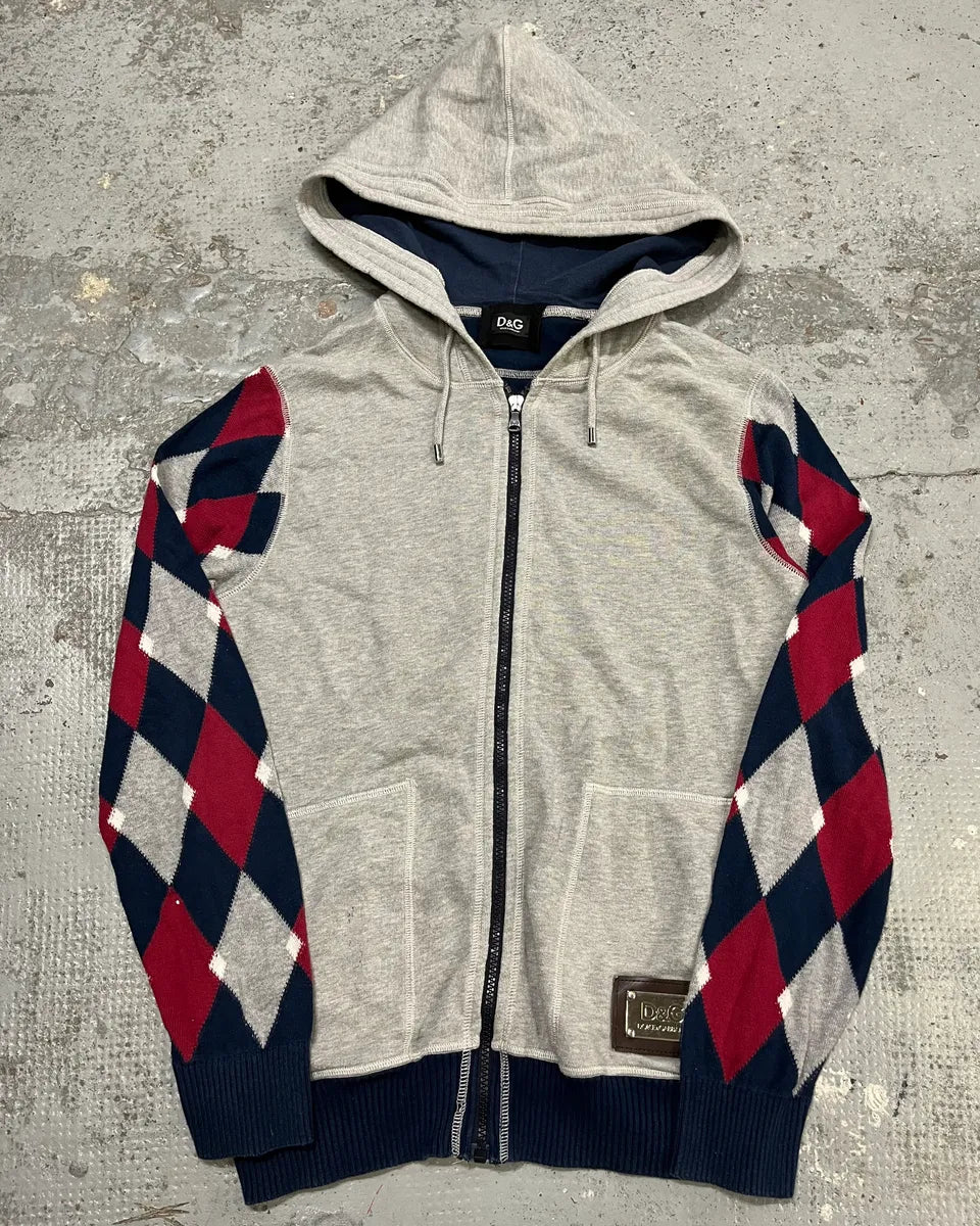 2000s Dolce & Gabbana Grey Checkered Sleeves Zip-Up Hoodie WUFPEgs 0