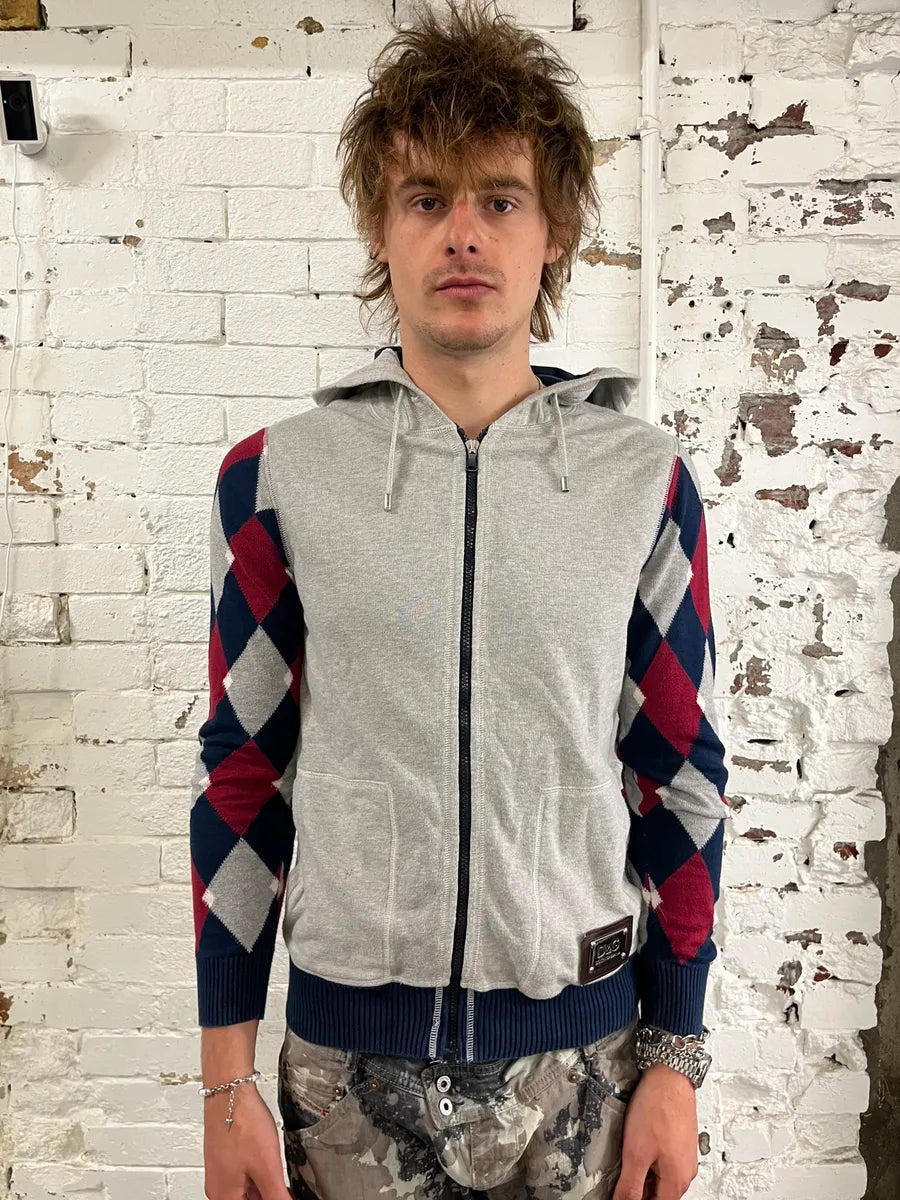 2000s Dolce & Gabbana Grey Checkered Sleeves Zip-Up Hoodie WUFPEgs 1