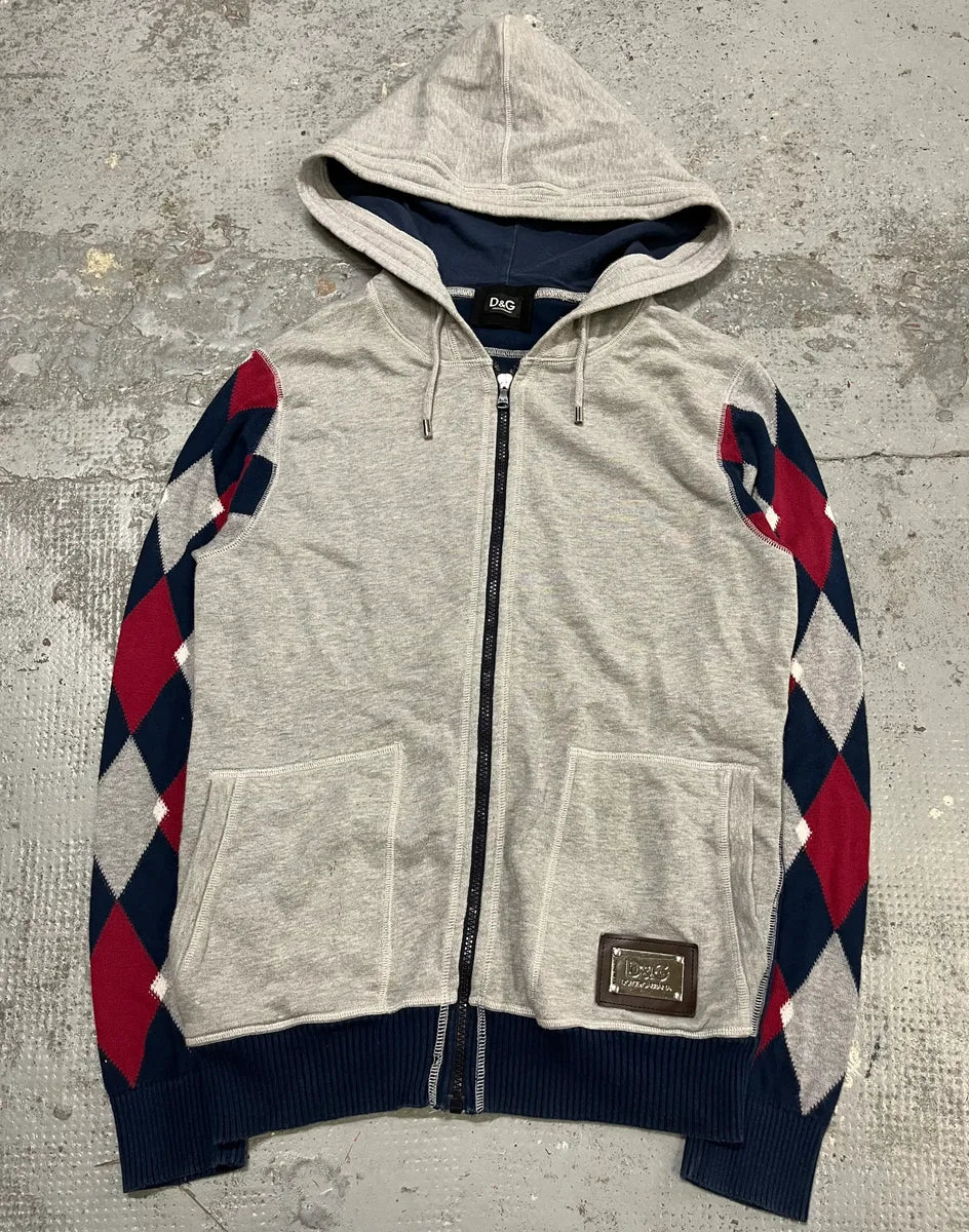2000s Dolce & Gabbana Grey Checkered Sleeves Zip-Up Hoodie WUFPEgs 3