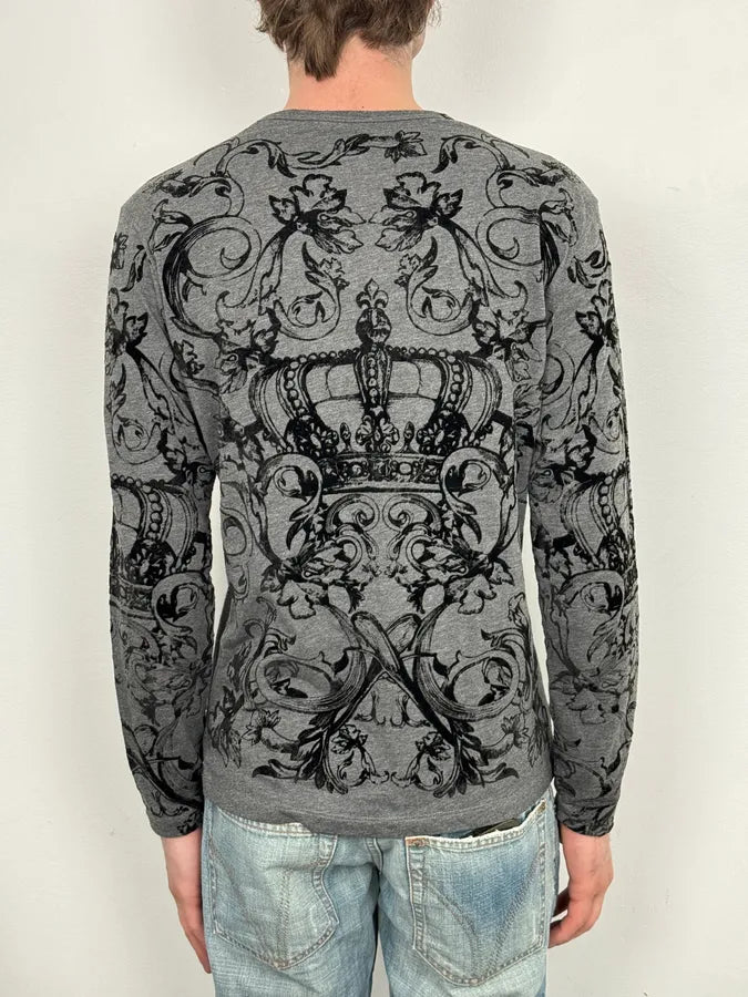 2010s Dolce & Gabbana Grey Baroque Crown Print Longsleeve pySpPjZ 2