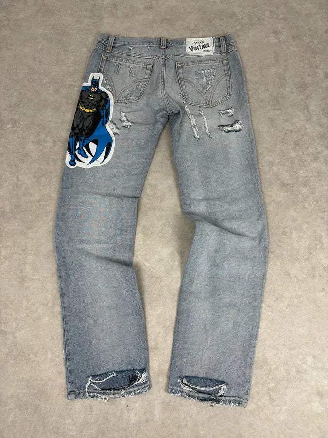 AW2005 Dolce & Gabbana Grey Denim Batman Graphic Distressed Jeans RpwFjyb 6