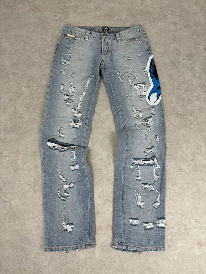 AW2005 Dolce & Gabbana Grey Denim Batman Graphic Distressed Jeans
