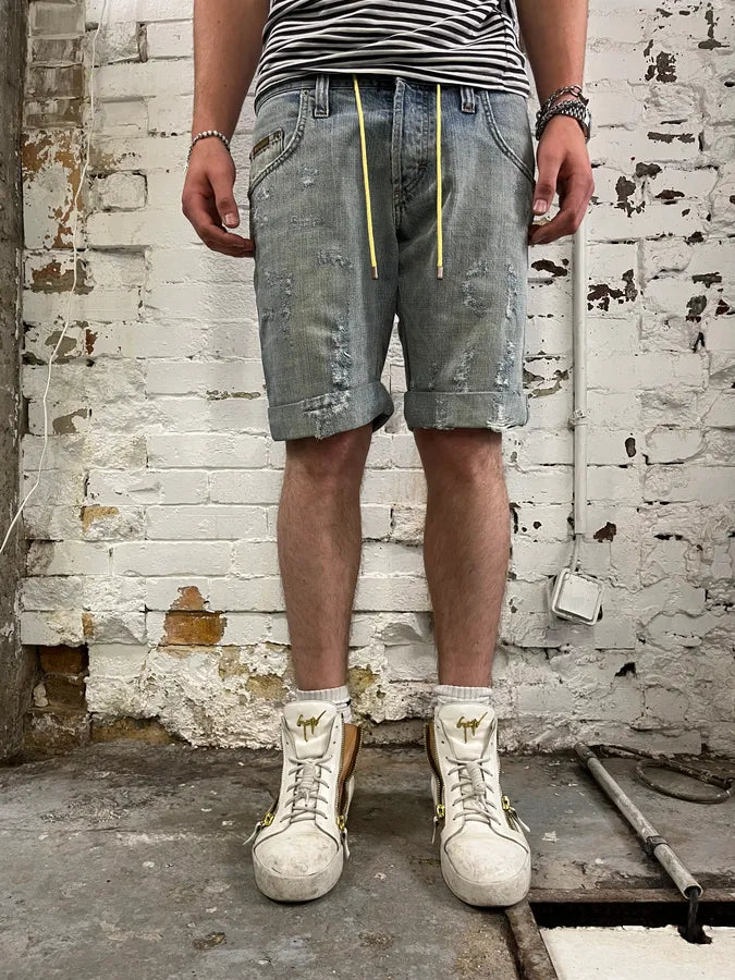 SS2005 Dolce & Gabbana Grey Equator Denim Distressed Shorts VEyOCDK 1