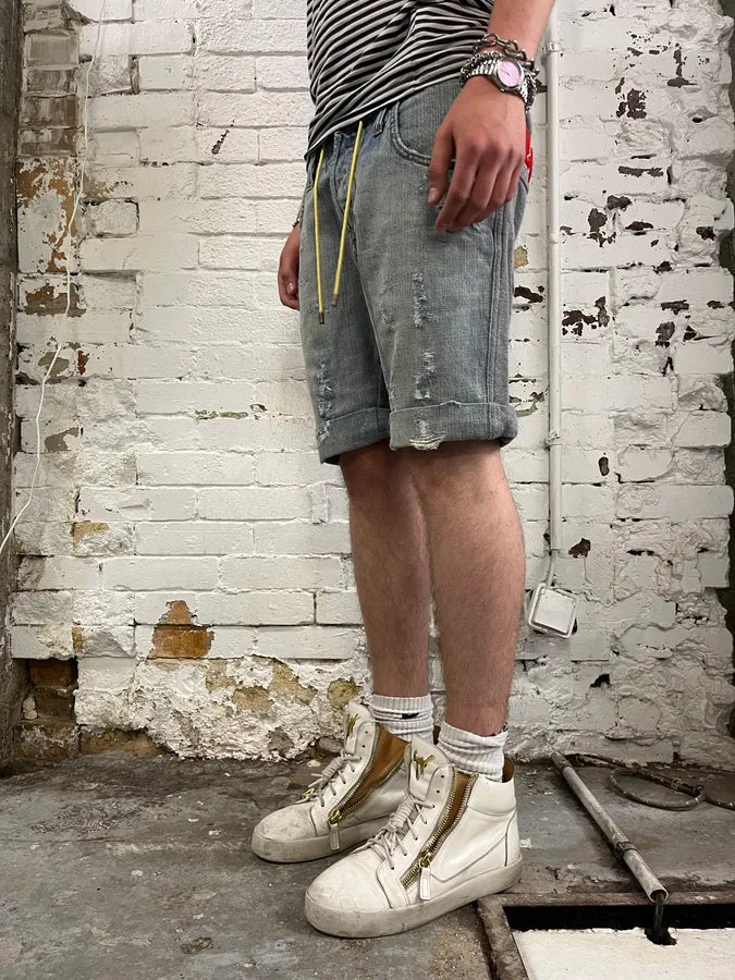 SS2005 Dolce & Gabbana Grey Equator Denim Distressed Shorts VEyOCDK 3