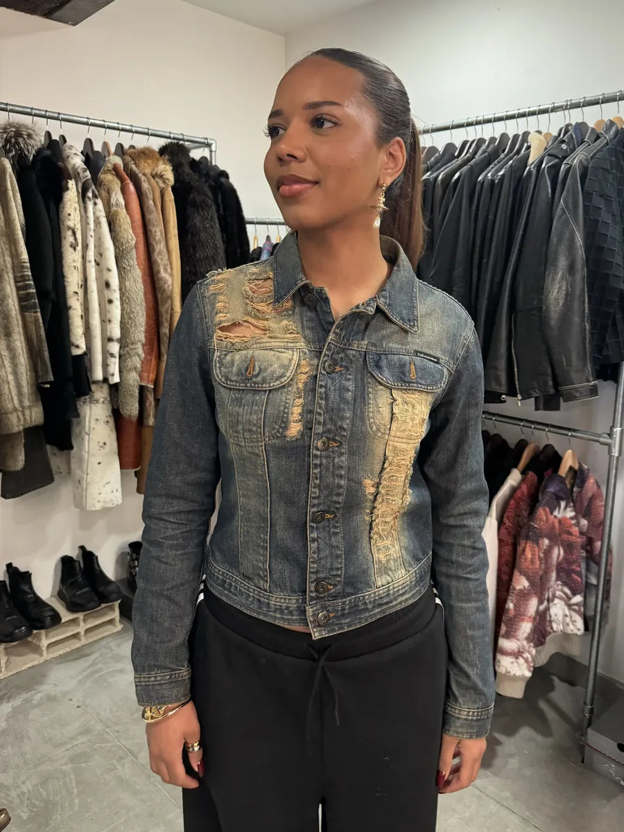 2000s Dolce & Gabbana Grey Distressed Aged Denim Jacket ZjvQMDX 2