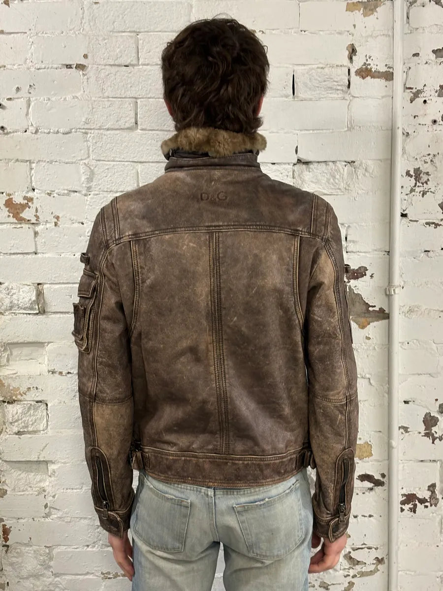2000s Dolce & Gabbana Grey Eroded Fur Collar Leather Jacket ZJLMzeR 2