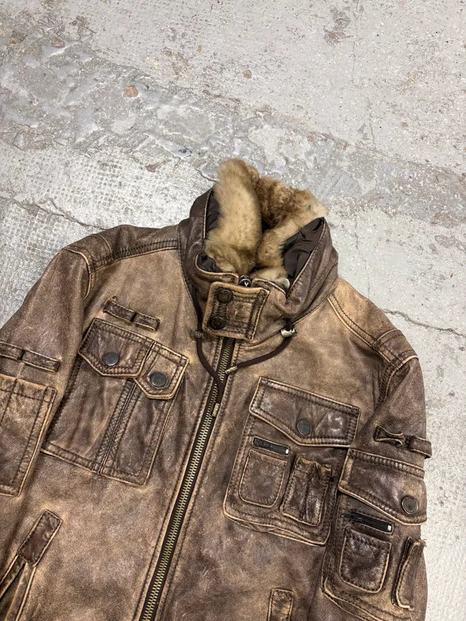 2000s Dolce & Gabbana Grey Eroded Fur Collar Leather Jacket ZJLMzeR 3